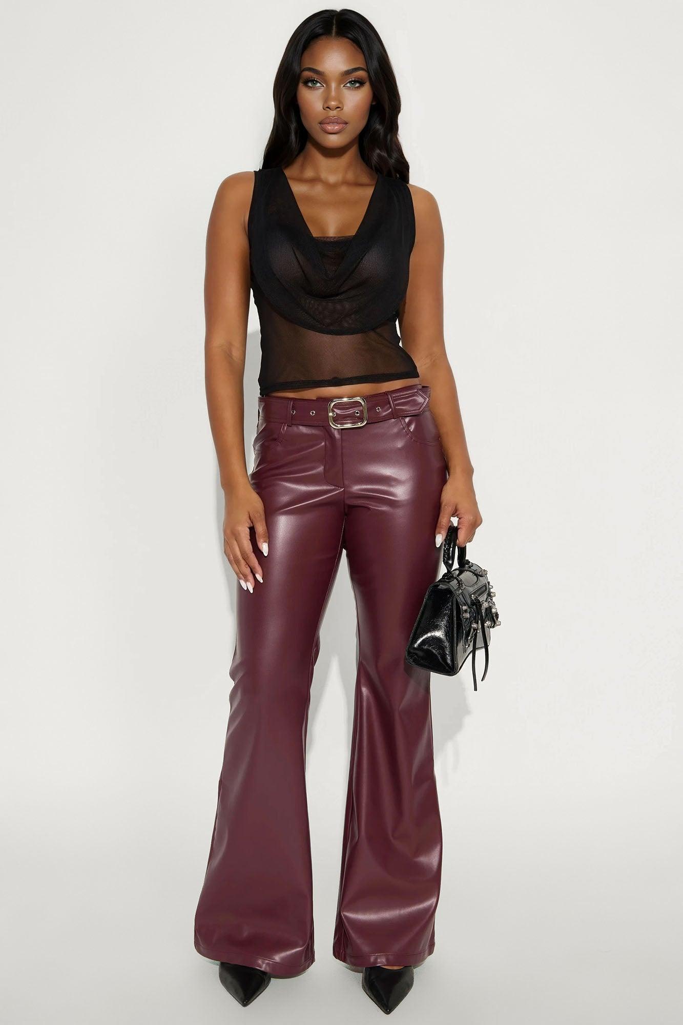 Can't Forget Me Faux Leather Belted Wide Leg Pant 33 - Wine Female Product Image