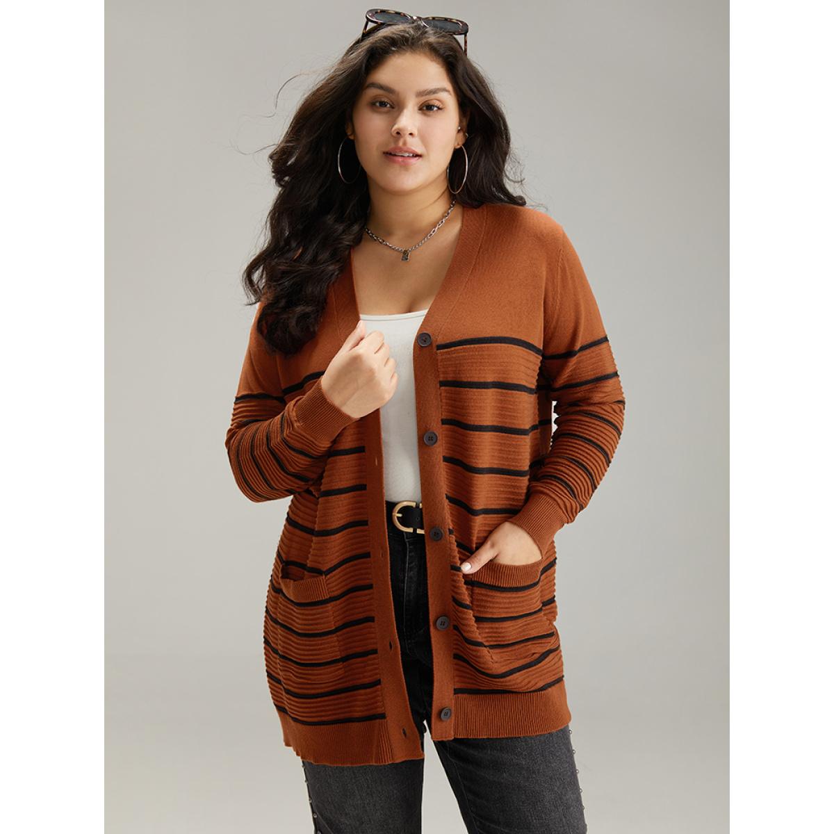 Plus Size Striped Button Down Patched Pocket Cardigan Rust Women Casual Loose Long Sleeve Everyday Cardigans BloomChic 10/M Product Image
