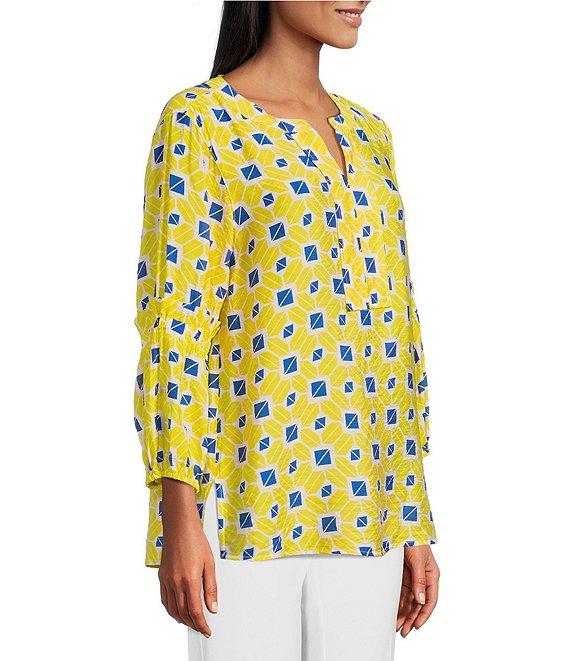 Multiples Geo Print Crinkle Woven Y-Neck 3/4 Bishop Sleeve Side Slit Top Product Image