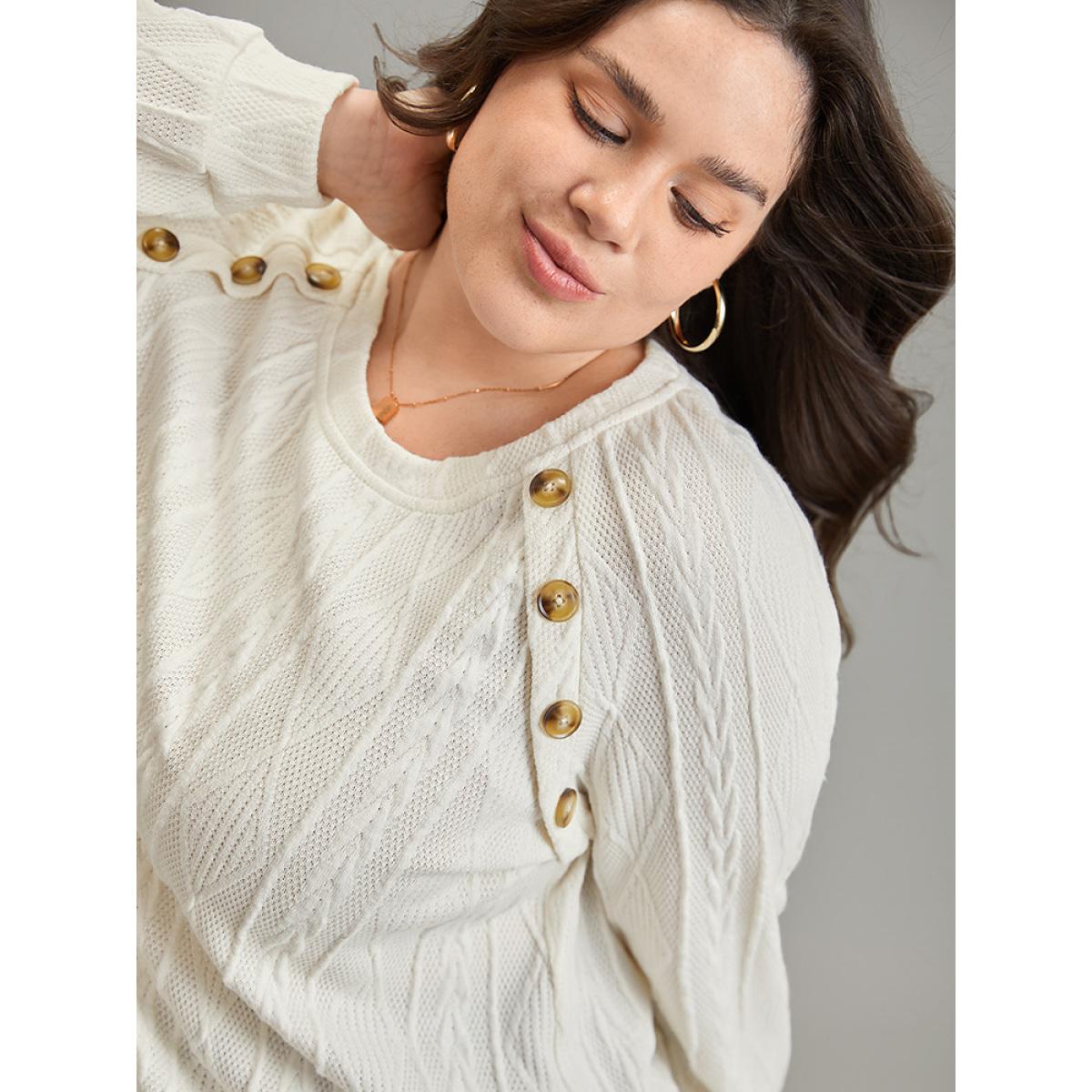 Plus Size Plain Texture Button Detail Knit Sweatshirt Women White Elegant Texture Round Neck Dailywear Sweatshirts BloomChic 14-16/1X Product Image