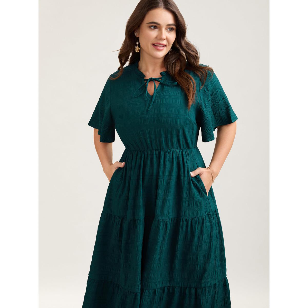 Plus Size Stretchy Waist Frill Trim Pockets Midi Dress Teal Women Timeless Tie knot Flat collar with V-notch Short sleeve Curvy BloomChic 18-20/2X Product Image