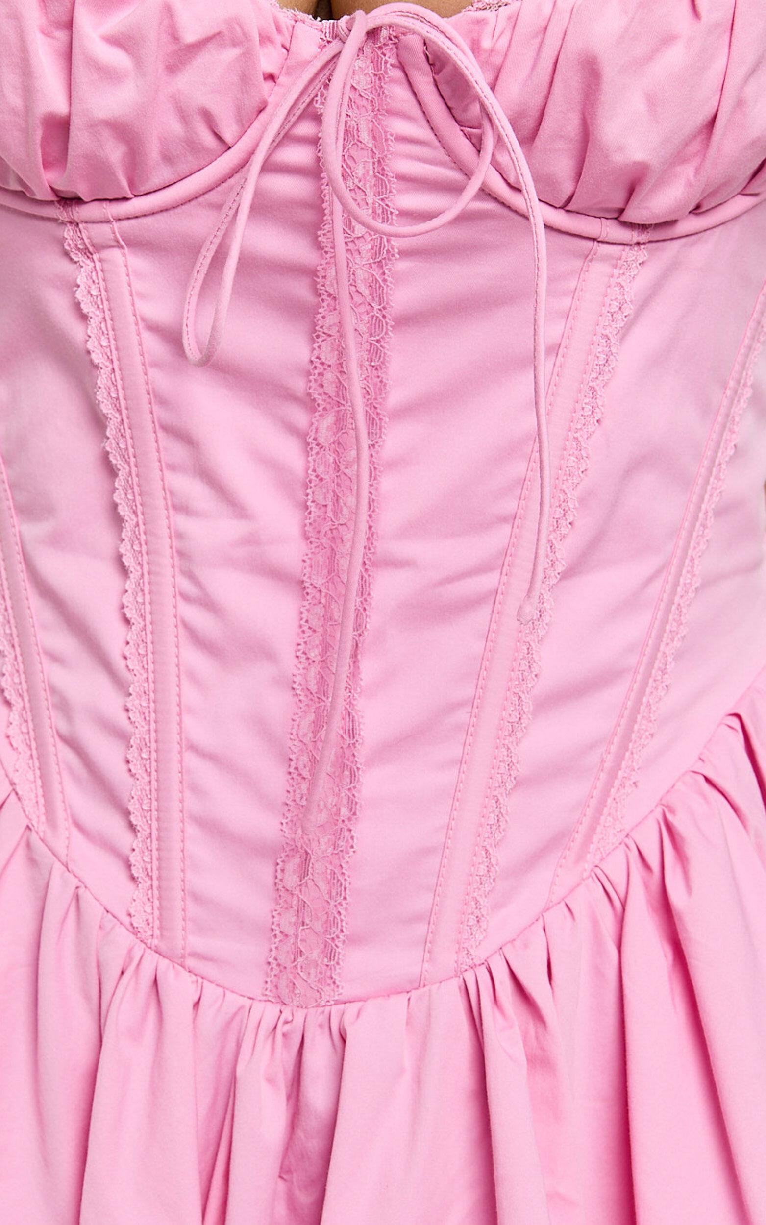 Jenna Mini Dress - Corset Lace Trim Flared Dress in Musk Pink Product Image