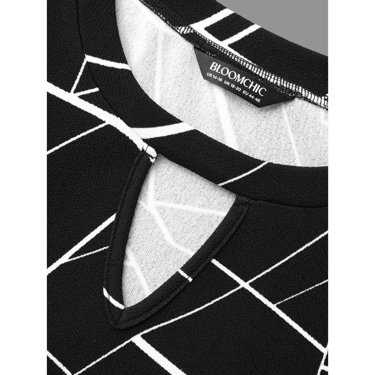 Plus Size Geometric Keyhole Elastic Waist Midi Dress Black Women At the Office Distressed Round Neck Elbow-length sleeve Curvy BloomChic 26/4X Product Image