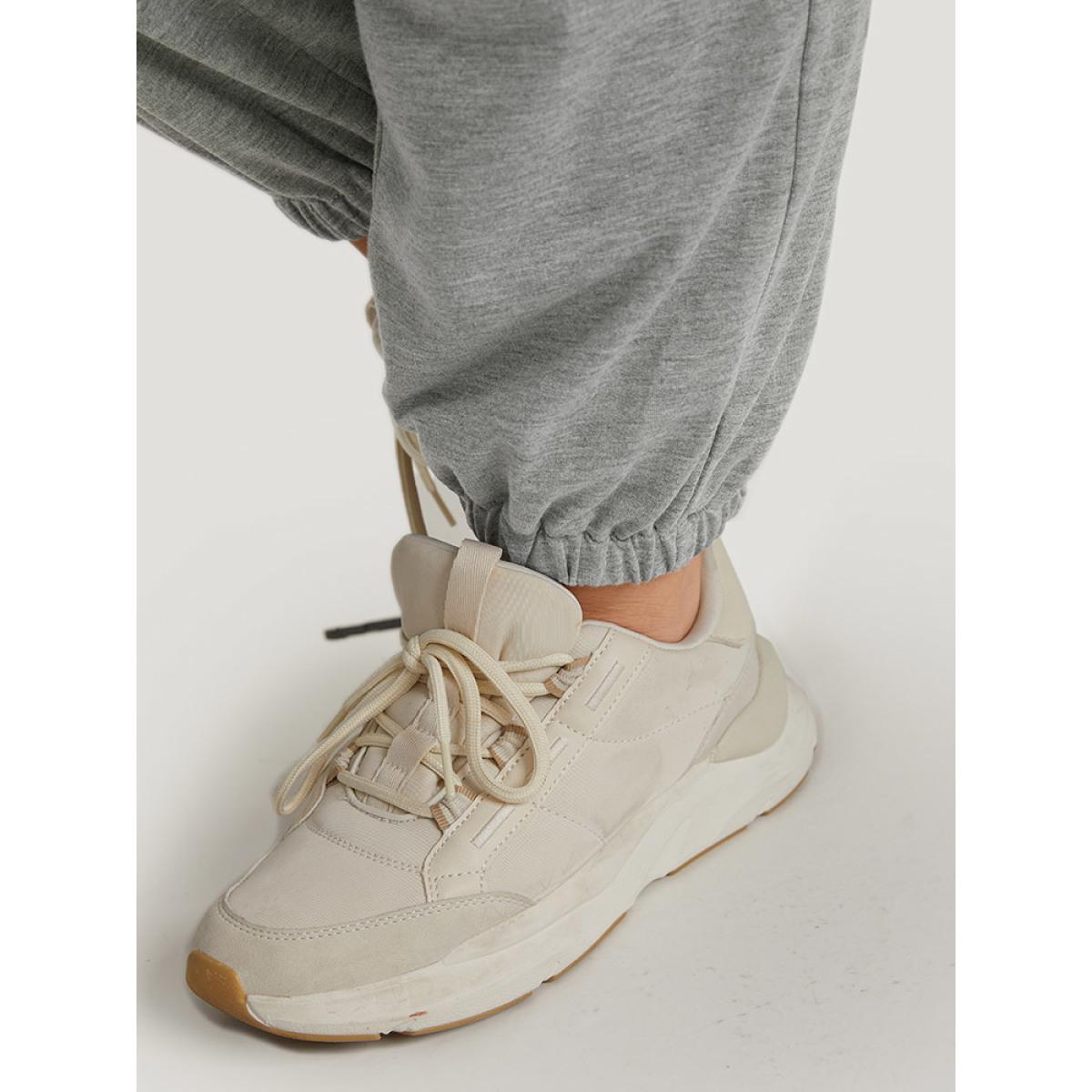 Solid Patched Slant Pocket High Rise Sweatpants Gray Plus Size Women Casual Dailywear Pocket 30/6X Bloomchic Product Image