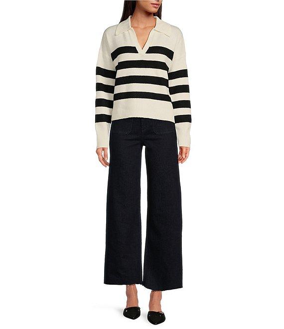 Every Wool Rugby Stripe Pointed White Collar V-Neck Long Sleeve Pullover Product Image