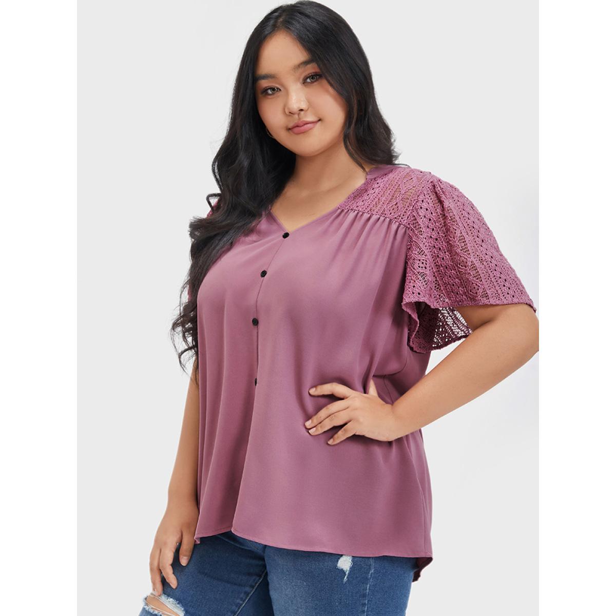 Plus Size DustyPink Plain Contrast Lace Ruffles Button V Neck Blouse Women Casual Short sleeve V-neck Dailywear Blouses BloomChic 22-24/3X Product Image