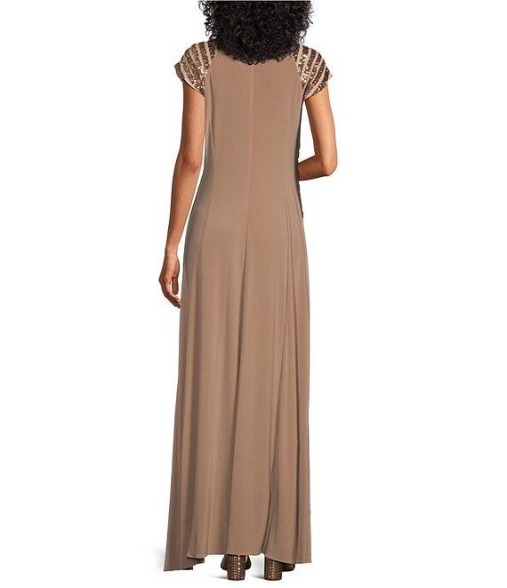 Le Bos Cap Sleeve V-Neck Sequin Trim Bodice Gown Product Image