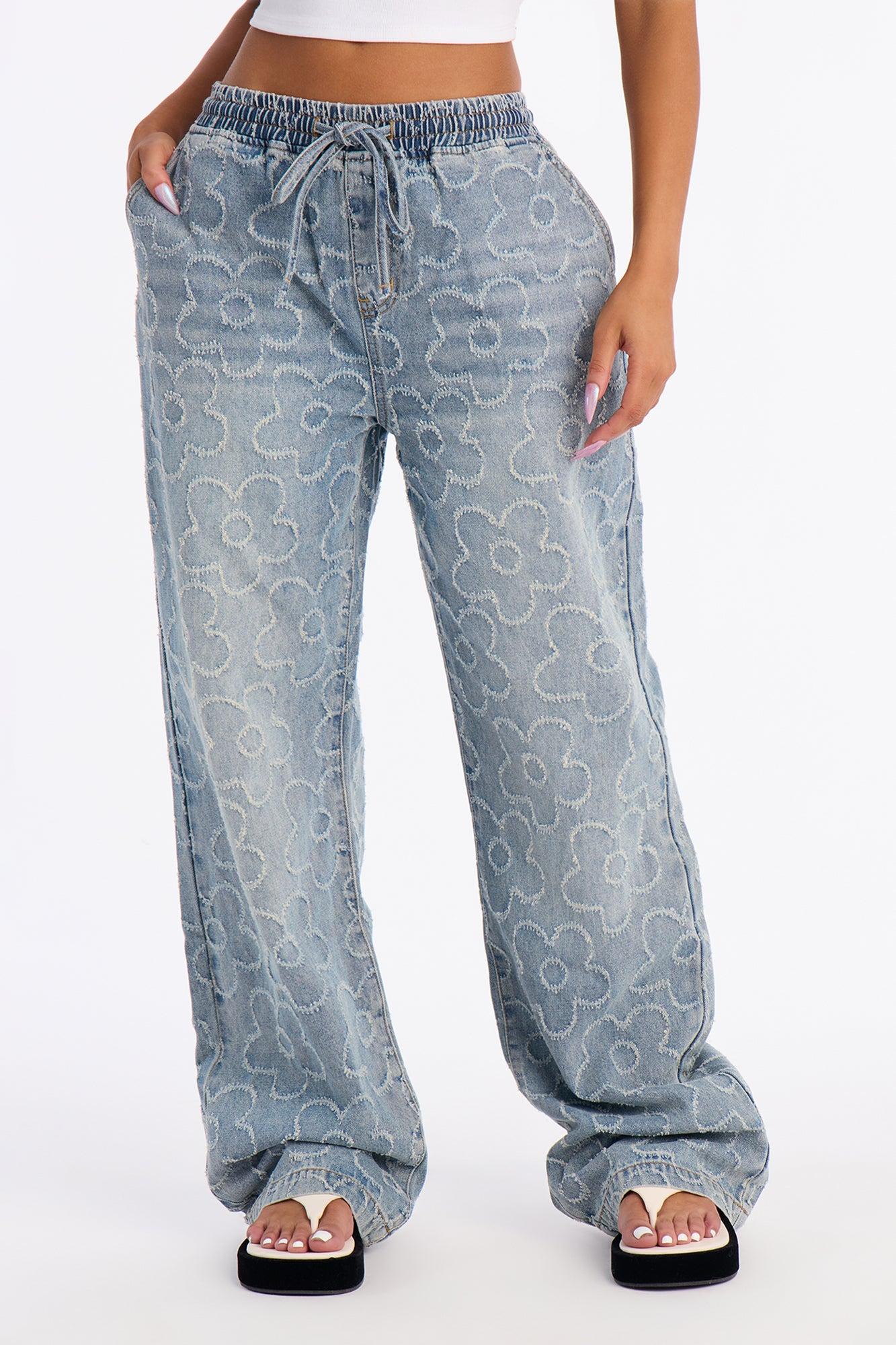 Flower Power Pull On Tie Waist Straight Leg Jeans - Medium Wash Female Product Image