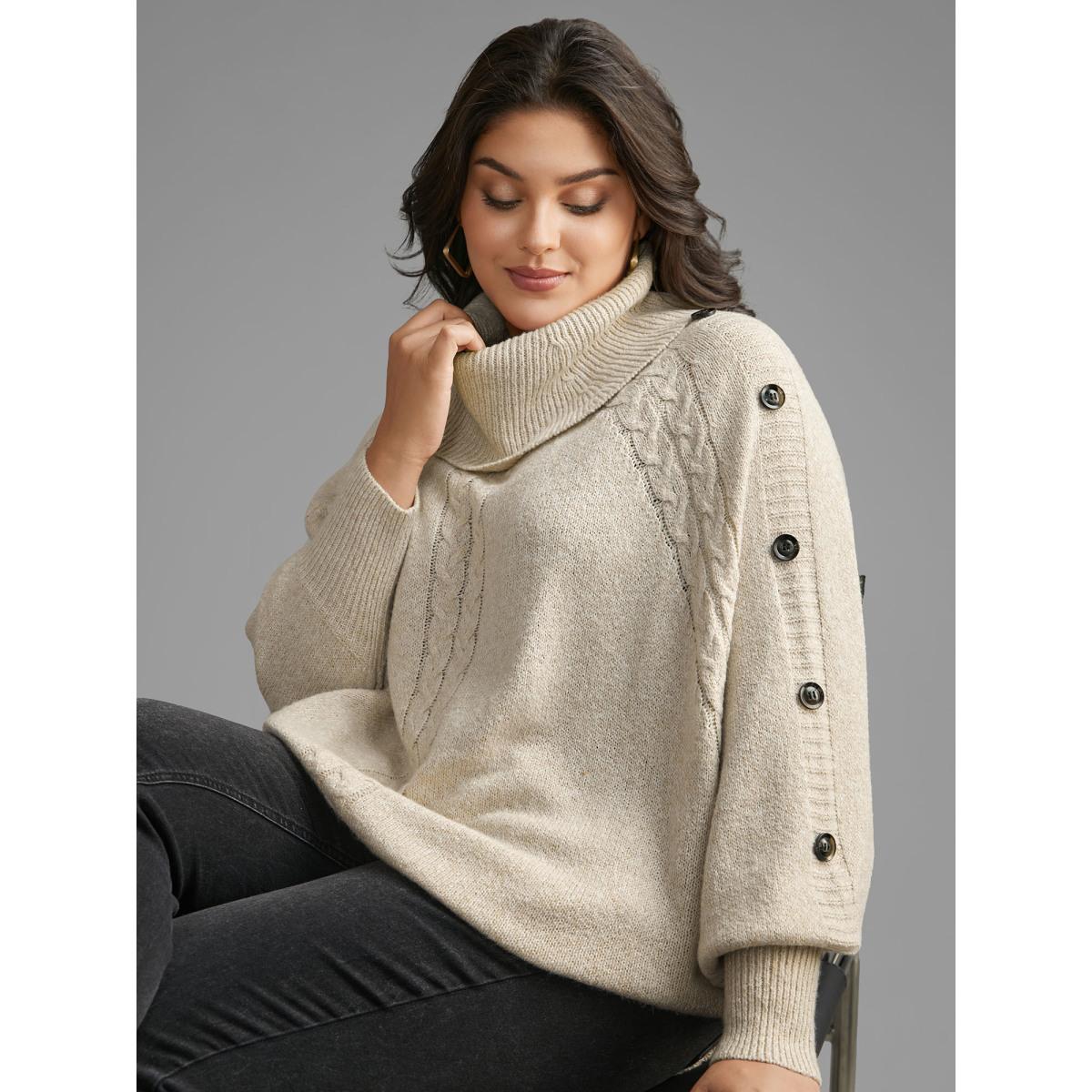 Plus Size Turtleneck Cable Knit Asymmetrical Hem Pullover Champagne Women Leisure Loose Long Sleeve Ruffled collar Casual Pullovers BloomChic 26/4X Product Image