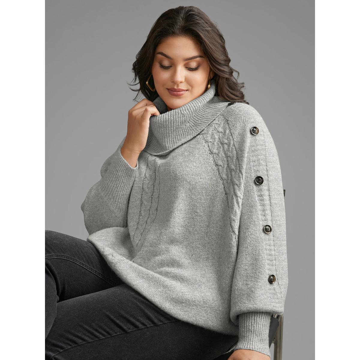 Plus Size Turtleneck Cable Knit Asymmetrical Hem Pullover LightGray Women Casual Loose Long Sleeve Ruffled collar Everyday Pullovers BloomChic 12/L Product Image