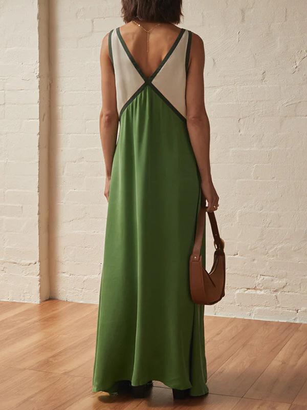 Loose Sleeveless Contrast Color Split-Joint Deep V-Neck Maxi Dresses Product Image
