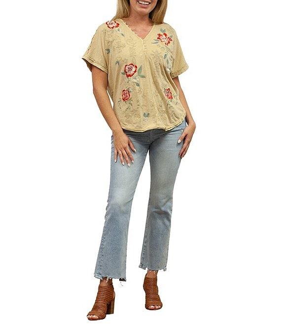 Karyn Seo Tessa Floral Embroidered Button V-Neck Dolman Short Sleeve Tee Product Image