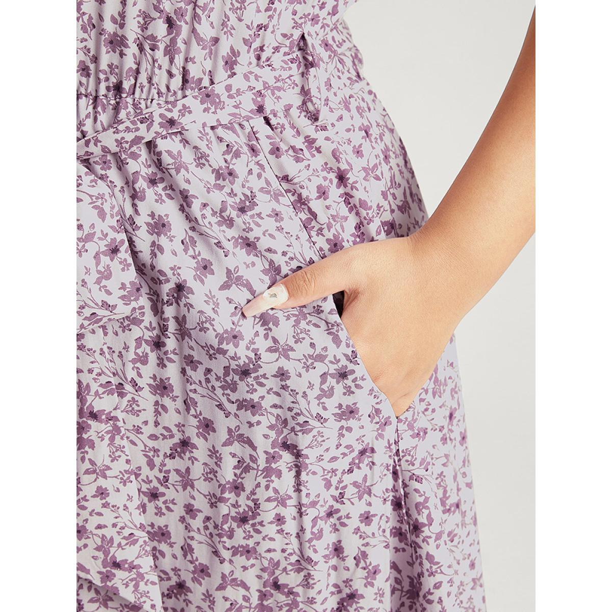 Plus Size Ditsy Floral Keyhole Pocket Belted Mock Neck Ruffles Dress Lavender Women Elegant Pocket Mock Neck Sleeveless Curvy Midi Dress BloomChic 22-24/3X Product Image