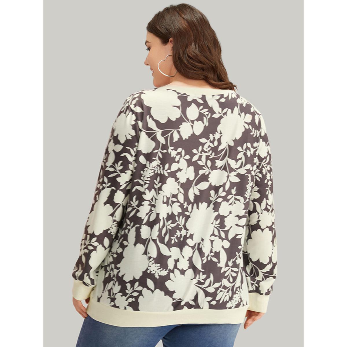 Plus Size Silhouette Floral Print Contrast Trim V Neck Sweatshirt Women DarkBrown Casual Elastic cuffs V-neck Dailywear Sweatshirts BloomChic 26/4X Product Image
