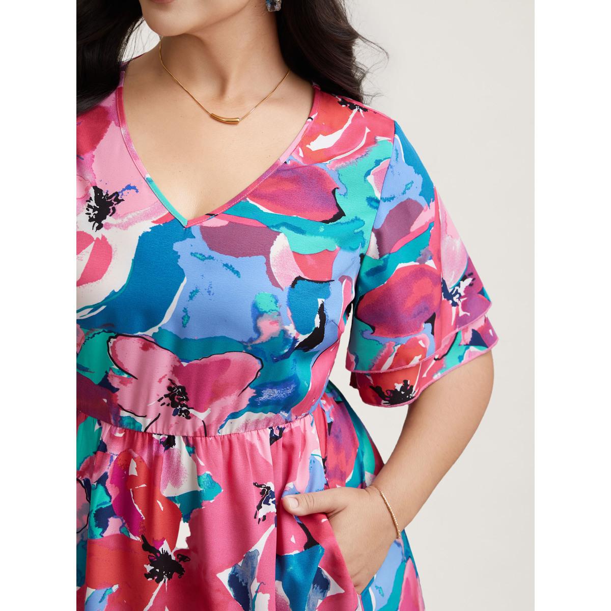 Plus Size Multi-Color Floral V-Neck Pockets Midi Dress Skyblue Women Elegant Ruffles V-neck Short sleeve Curvy BloomChic 12/L Product Image