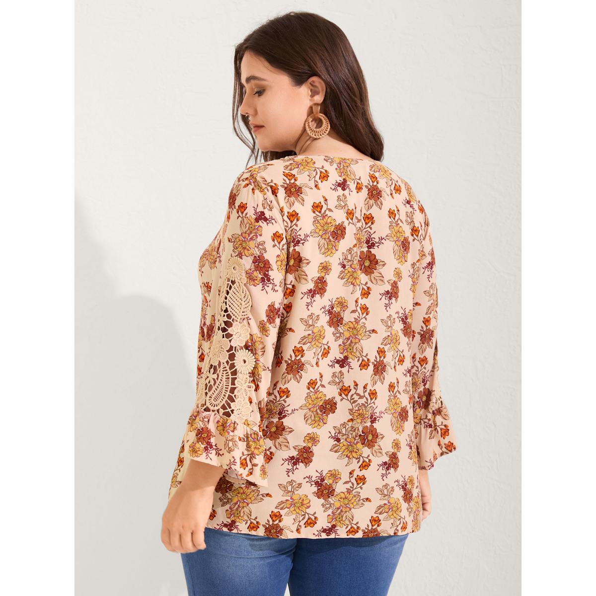 Plus Size Multicolor Floral Print Lace V-Neck Blouse Women Three Quater Length Sleeve V-neck Vacation Blouses BloomChic 14-16/1X Product Image