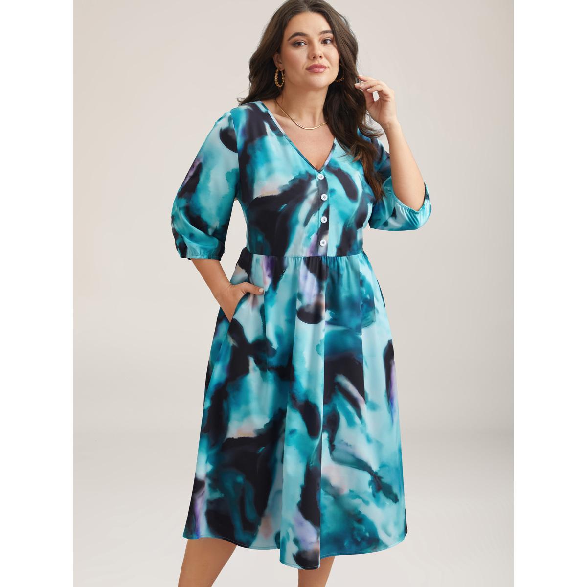 Plus Size Tie-Dye Placket V-Neck Midi Dress Arctic Women Elegant Button V-neck Elbow-length sleeve Curvy BloomChic 22-24/3X Product Image