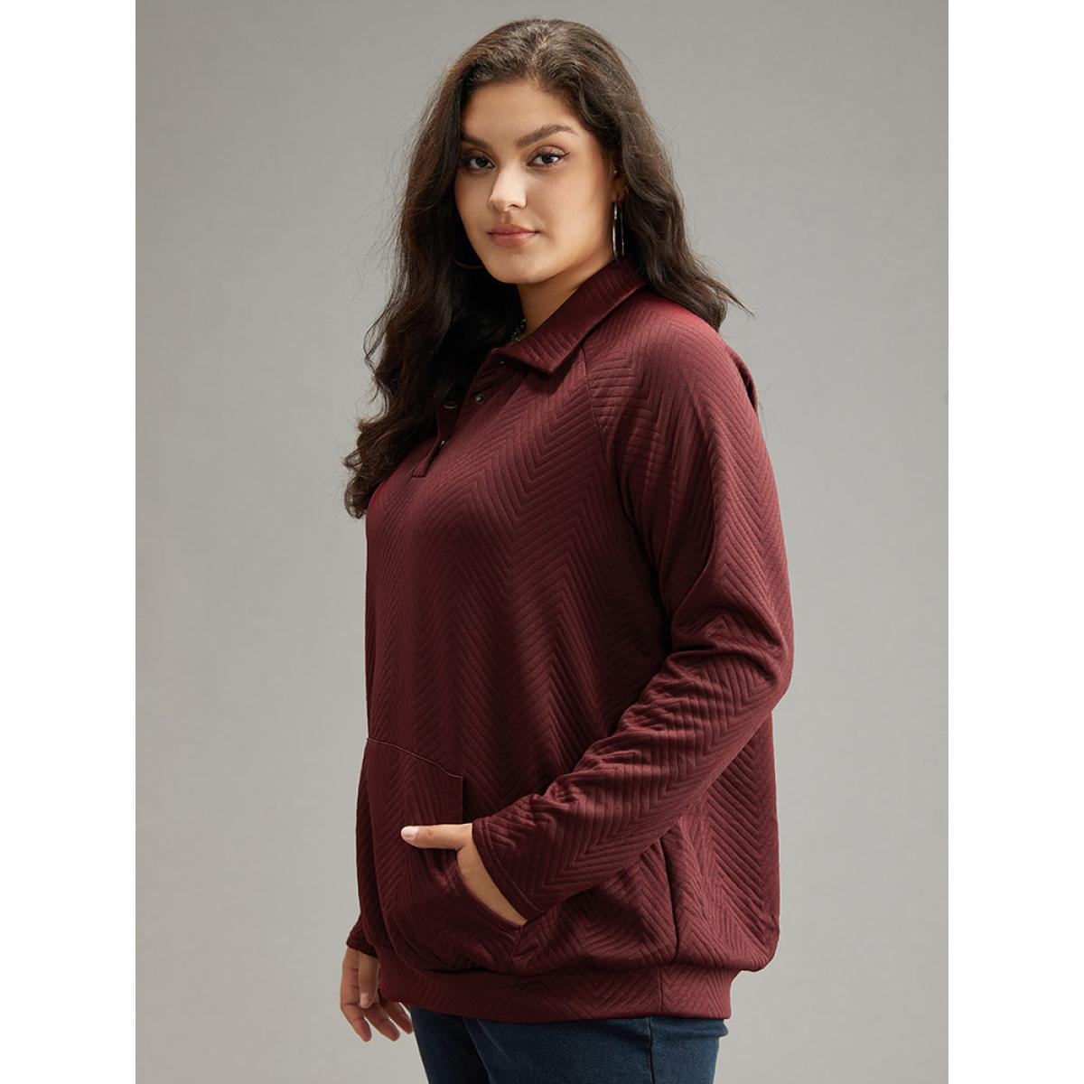 Plus Size Solid Plisse Pocket Button Up Sweatshirt Women Burgundy Casual Texture Polo Dailywear Sweatshirts BloomChic 22-24/3X Product Image