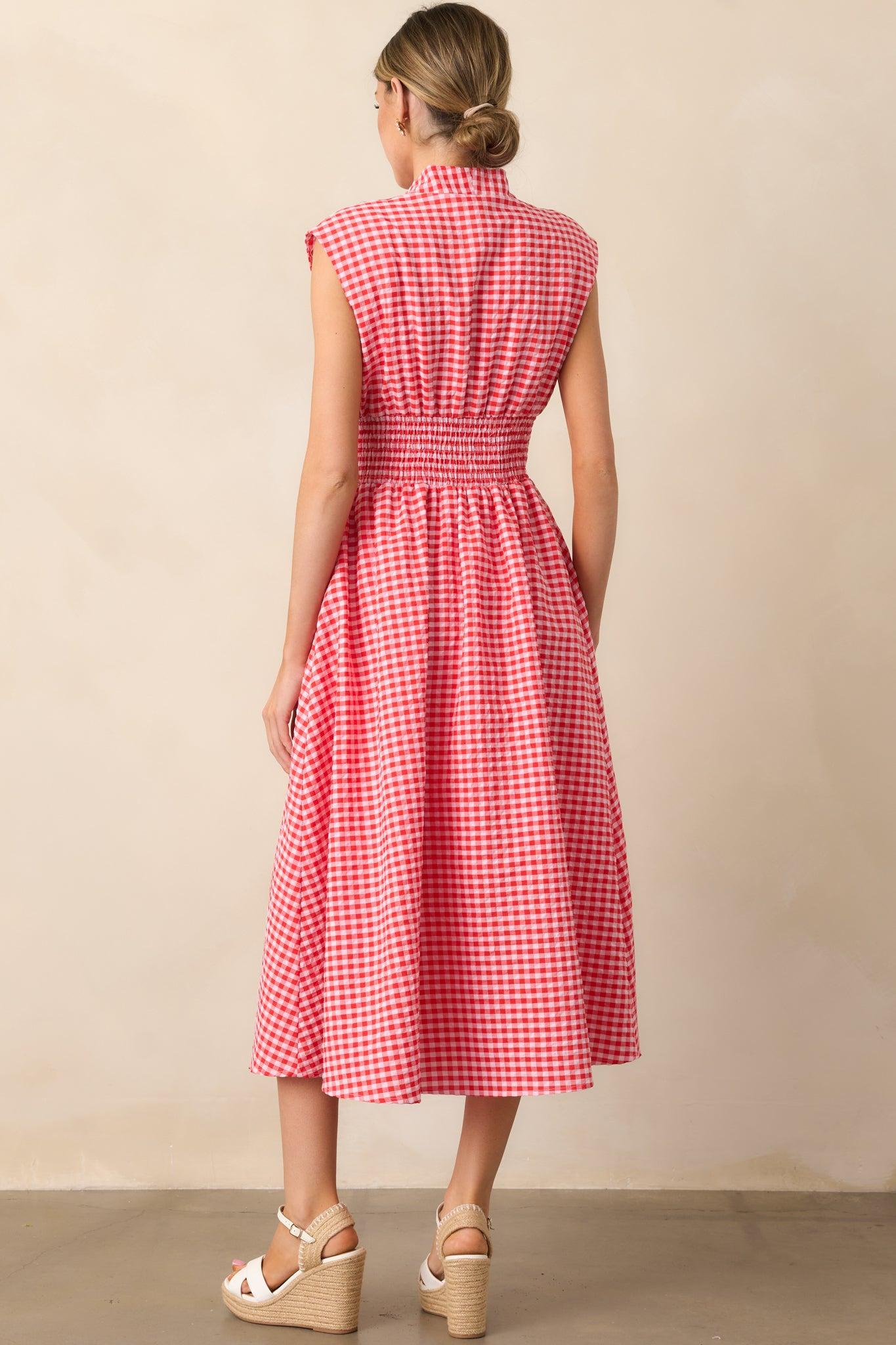 The Evette Red Gingham Zip Front Midi Dress Product Image