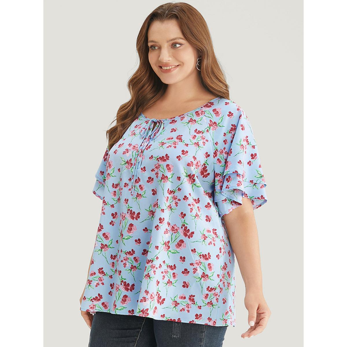 Plus Size LightBlue Ditsy Floral Keyhole Knot Neck Tiered Sleeve Blouse Women Elegant Short sleeve Round Neck Dailywear Blouses BloomChic 12/L Product Image