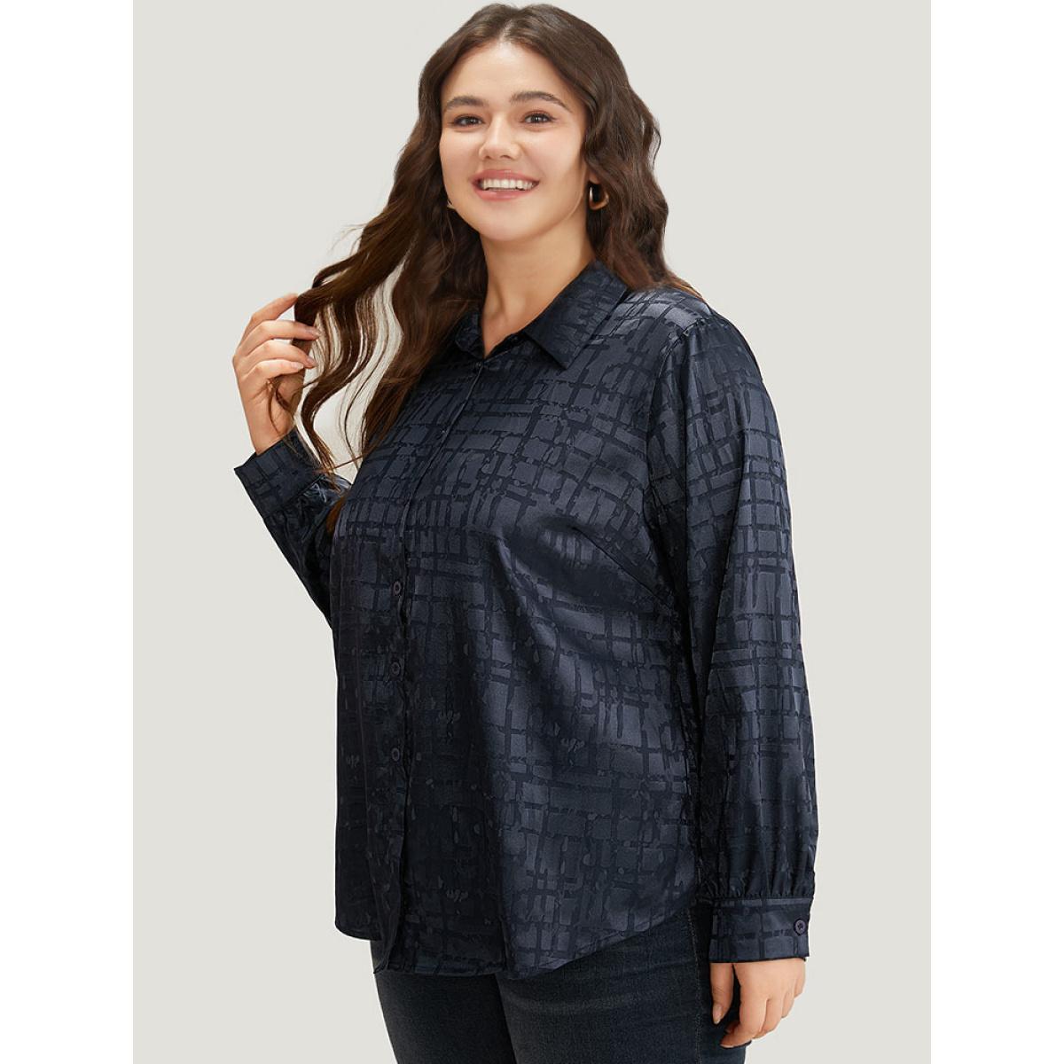 Plus Size Indigo Plisse Satin Button Up Curved Hem Blouse Women Office Long Sleeve Shirt collar Office Blouses BloomChic 30/6X Product Image