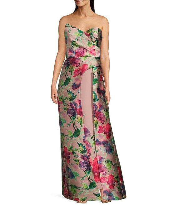 Kay Unger Marilyn Mikado Floral Print Strapless Neck Sleeveless Flared Overskirt Gown Product Image