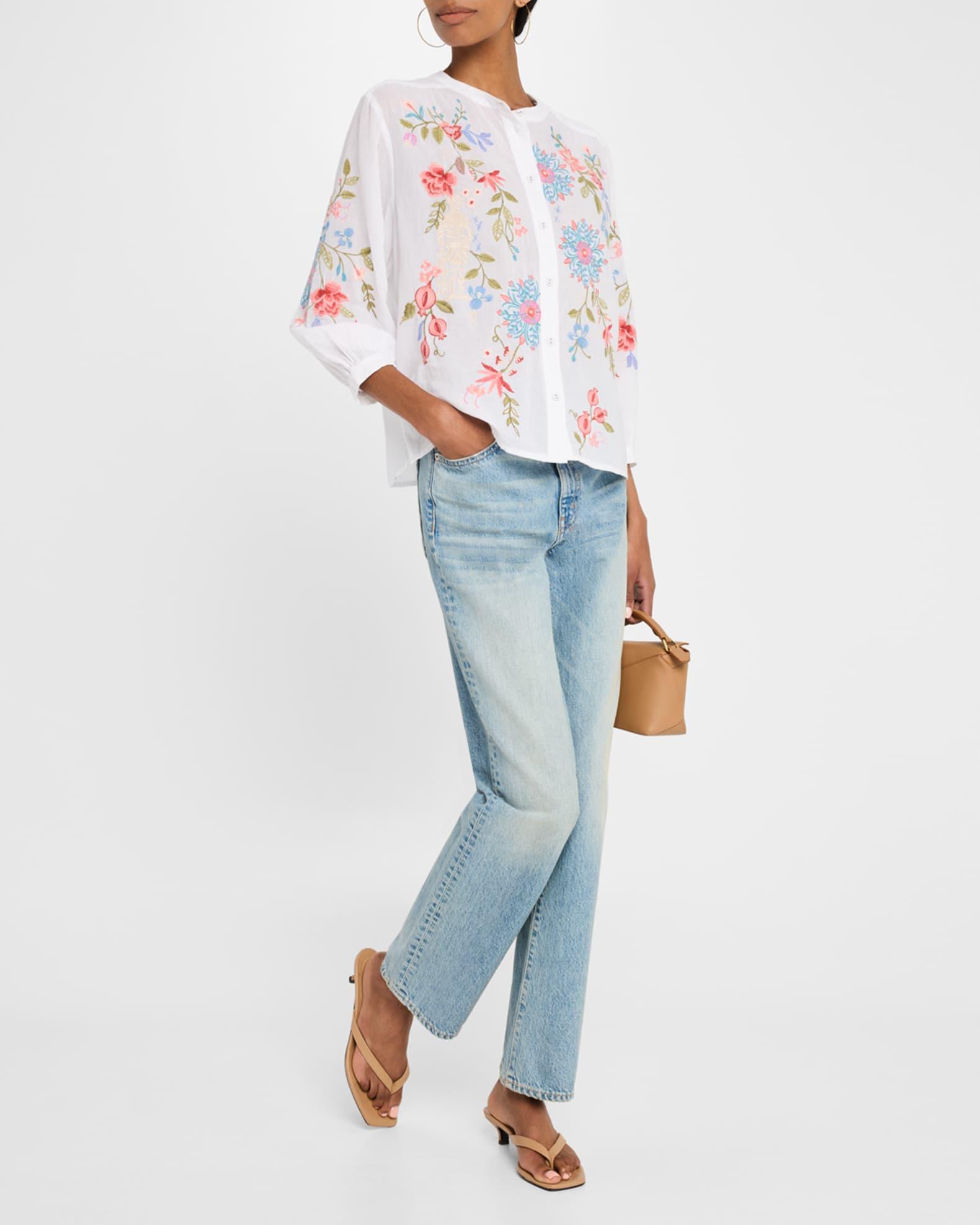 Shirred Floral-Embroidered Cotton Blouse Product Image