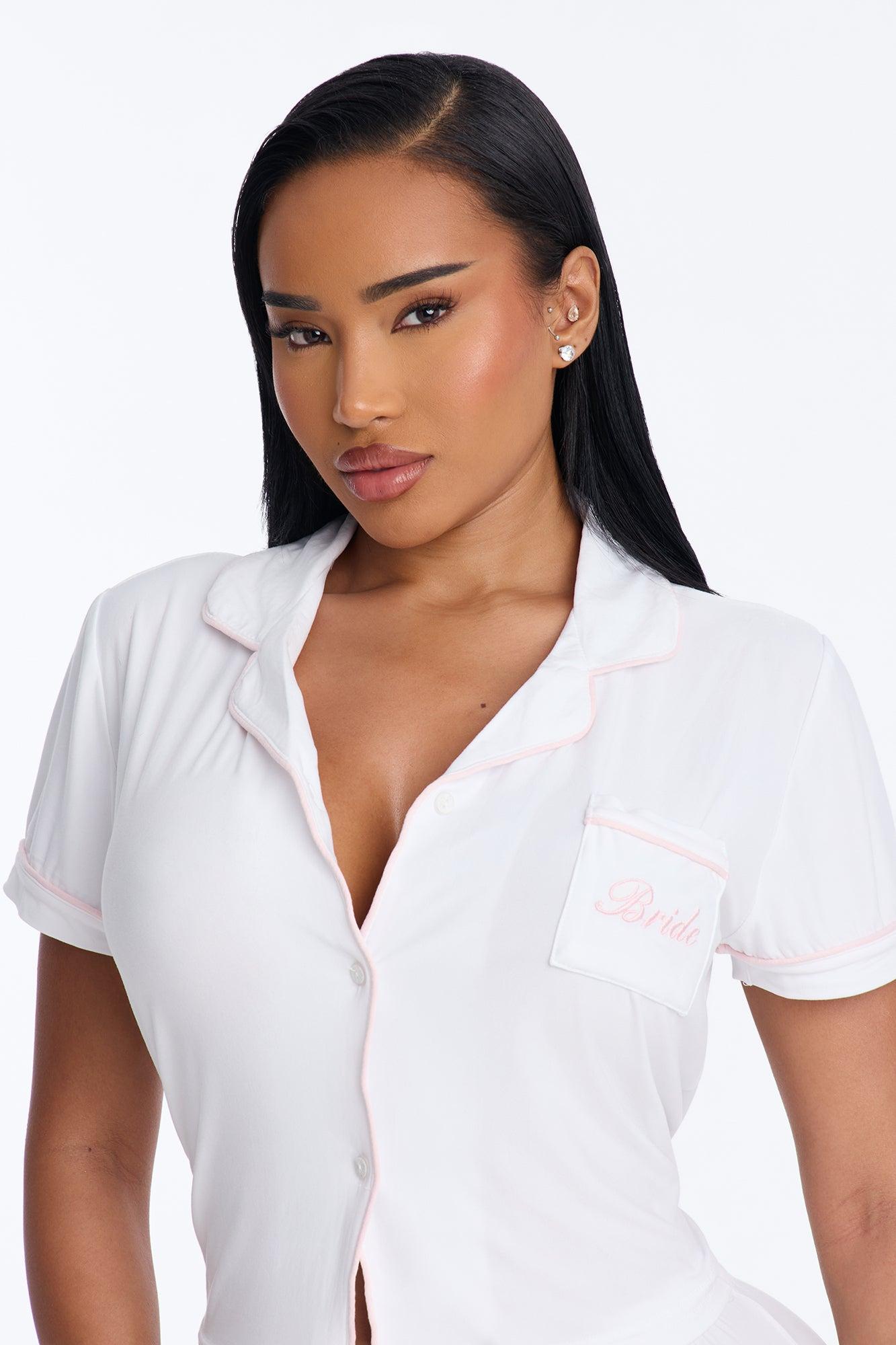 Bride Time Notch Collar PJ Pant Set - White/Pink Female Product Image