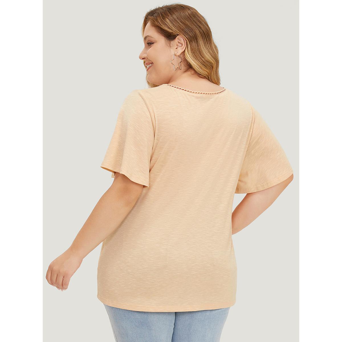 Plus Size Solid Heather Flutter Sleeve T-shirt LightBrown Women Elegant Heather Plain V-neck Dailywear T-shirts BloomChic 14-16/1X Product Image