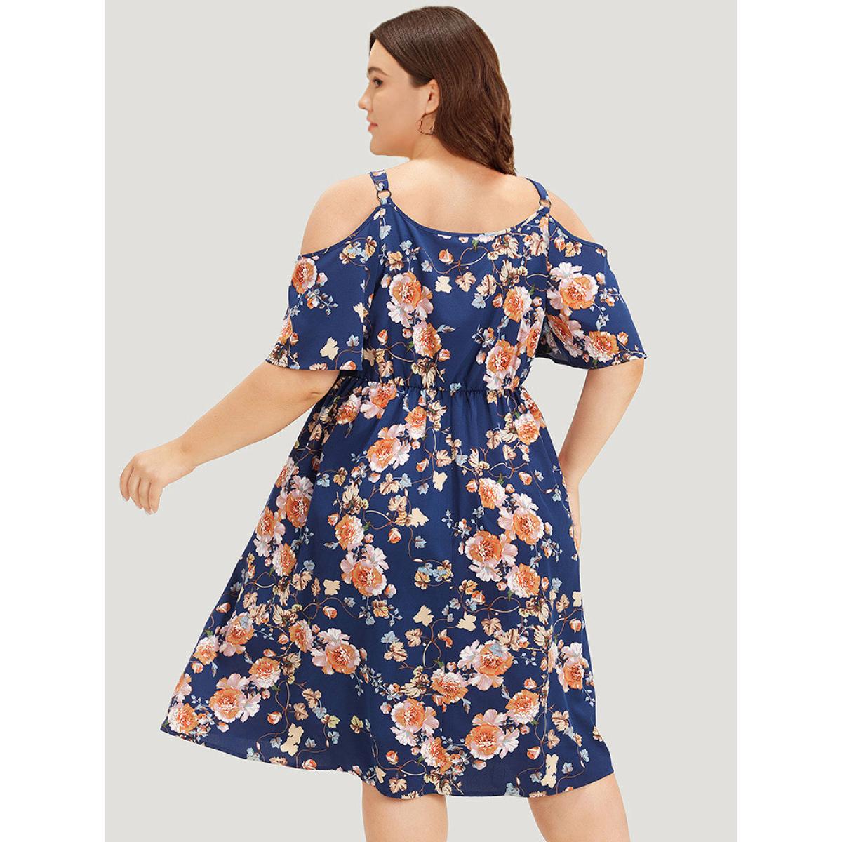 Plus Size Floral Print Ruffle Trim Elastic Waist Cold Shoulder Dress Indigo Women Elegant Adjustable Straps V-neck Short sleeve Curvy Midi Dress BloomChic 28/5X Product Image