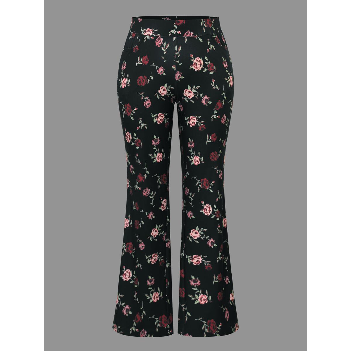 Plus Size Floral Mid-Rise Bootcut Pants Women BlackFlower Elegant High stretch Bootcut Mid Rise Everyday Leggings BloomChic 10/M Product Image