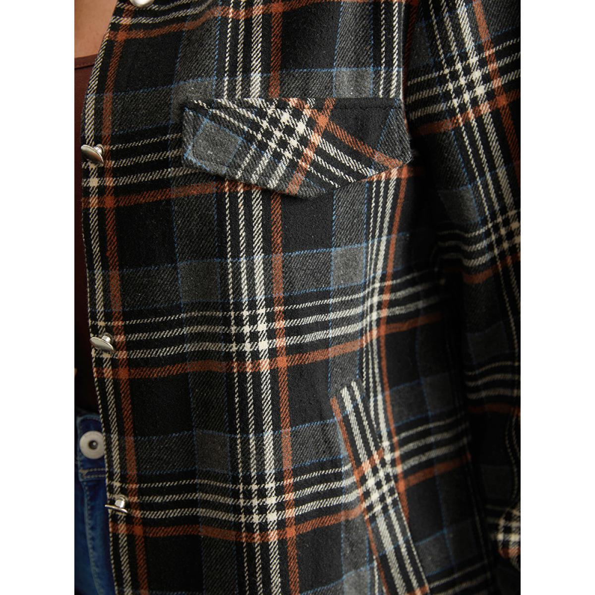 Plus Size Plaid Button Fly Flap Pocket Shacket Women Black Contrast Pocket Dailywear Jackets BloomChic 14-16/1X Product Image