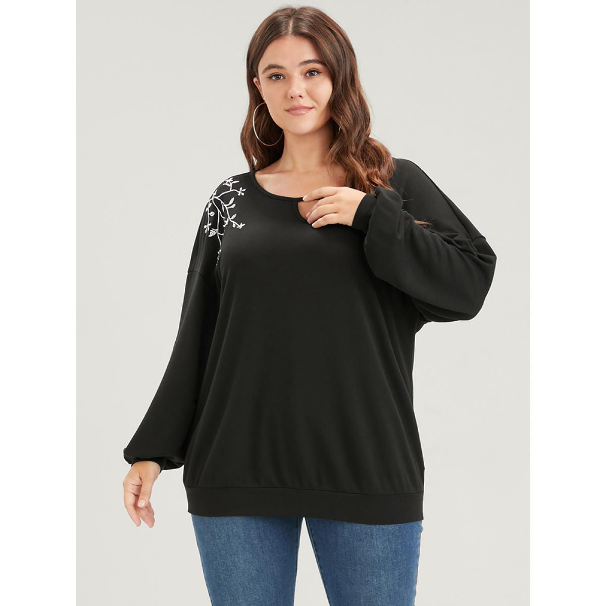 Plus Size Solid Plant Embroidered Keyhole Neck Sweatshirt Women Black Casual Embroidered Loose Round Neck Dailywear Sweatshirts BloomChic 26/4X Product Image