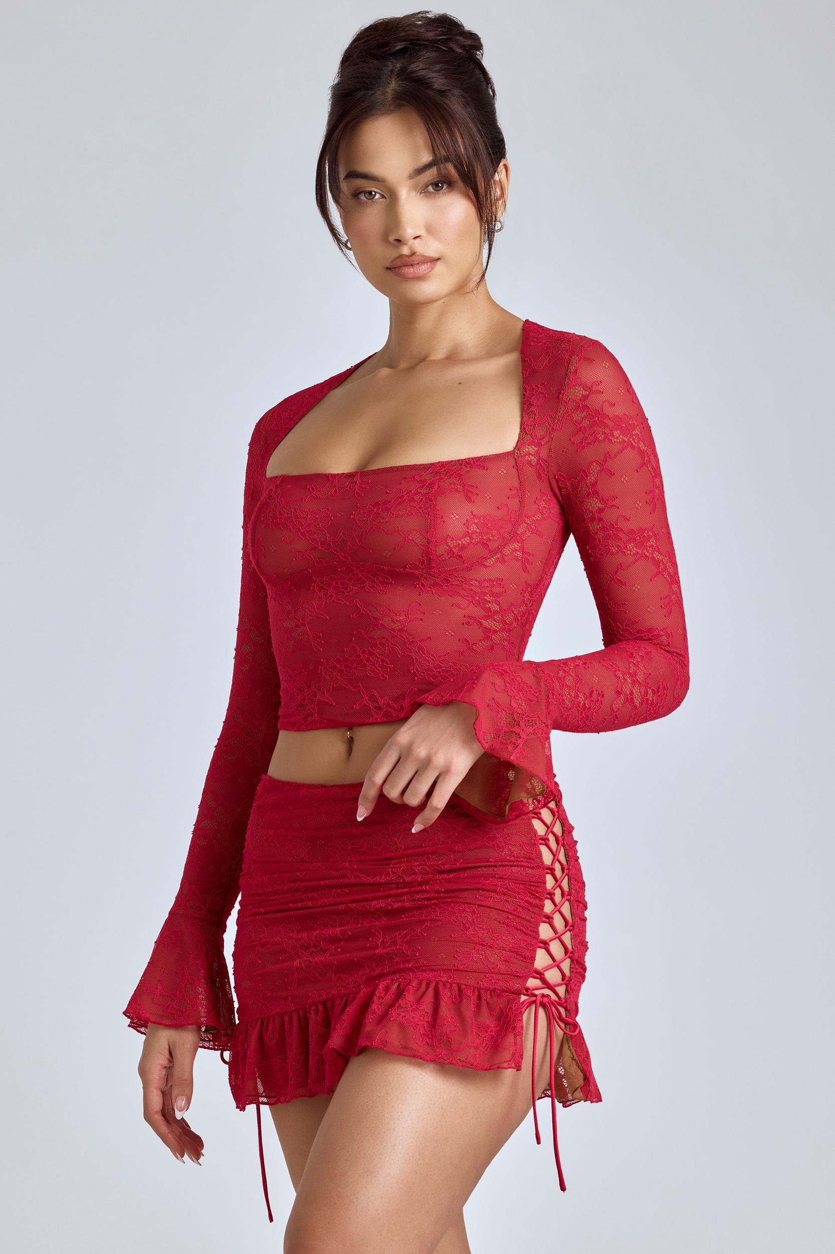 Lace Ruffle Mini Skirt in Cherry Red Product Image