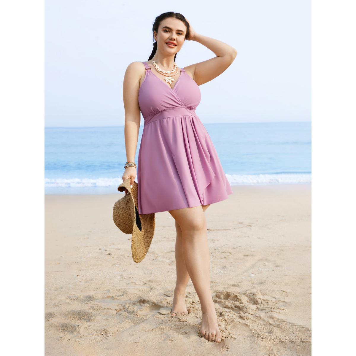 Plus Size Overlap Collar Plain Slit Hem Swim Dress Women's Swimwear Lilac Beach Bodycon Overlap Collar High stretch Curve Swim Dresses BloomChic 30/6X Product Image