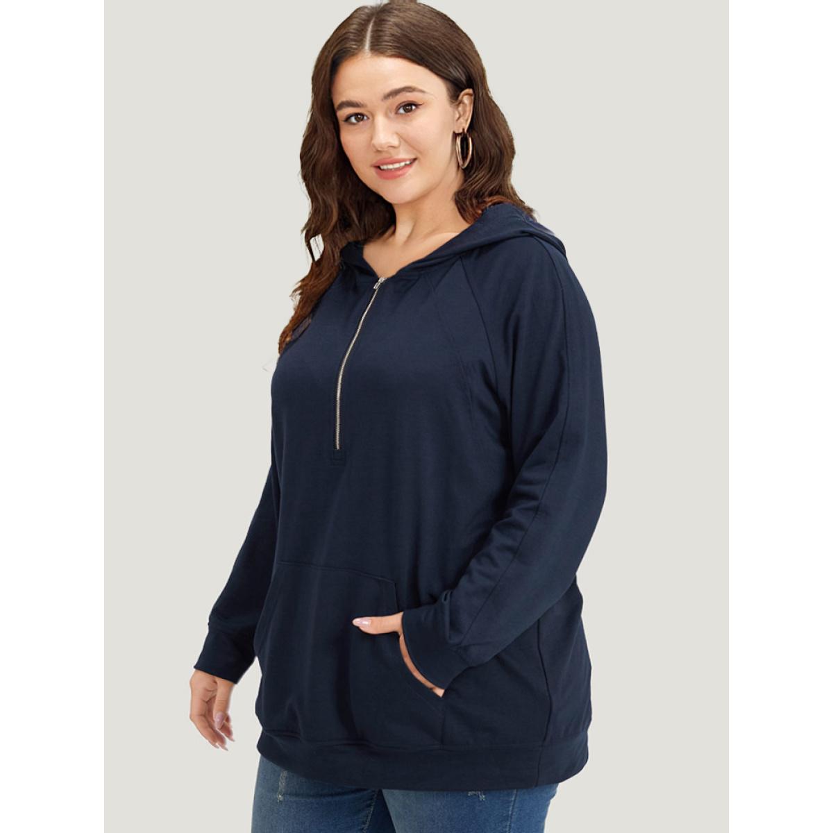 Plus Size Solid Half Zip Hooded Pocket Raglan Sleeve Sweatshirt Women Indigo Casual Elastic cuffs Hooded Dailywear Sweatshirts BloomChic 30/6X Product Image