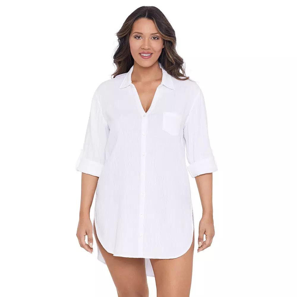 Women's Trimshaper Solid Button Down Swim Cover Up Shirt, Size: Small, White Product Image