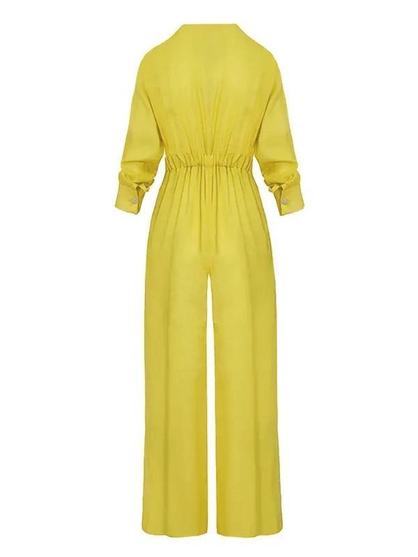 High Waisted Long Sleeves Buttoned Pockets Solid Color V-Neck Jumpsuits Product Image