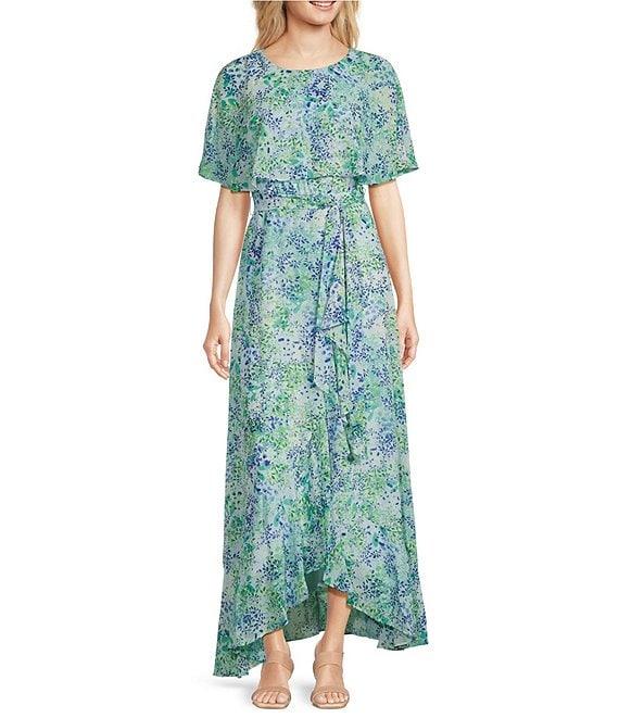 Moda Tara Short Capelet Sleeve Crew Neck Floral Chiffon Maxi Dress Product Image