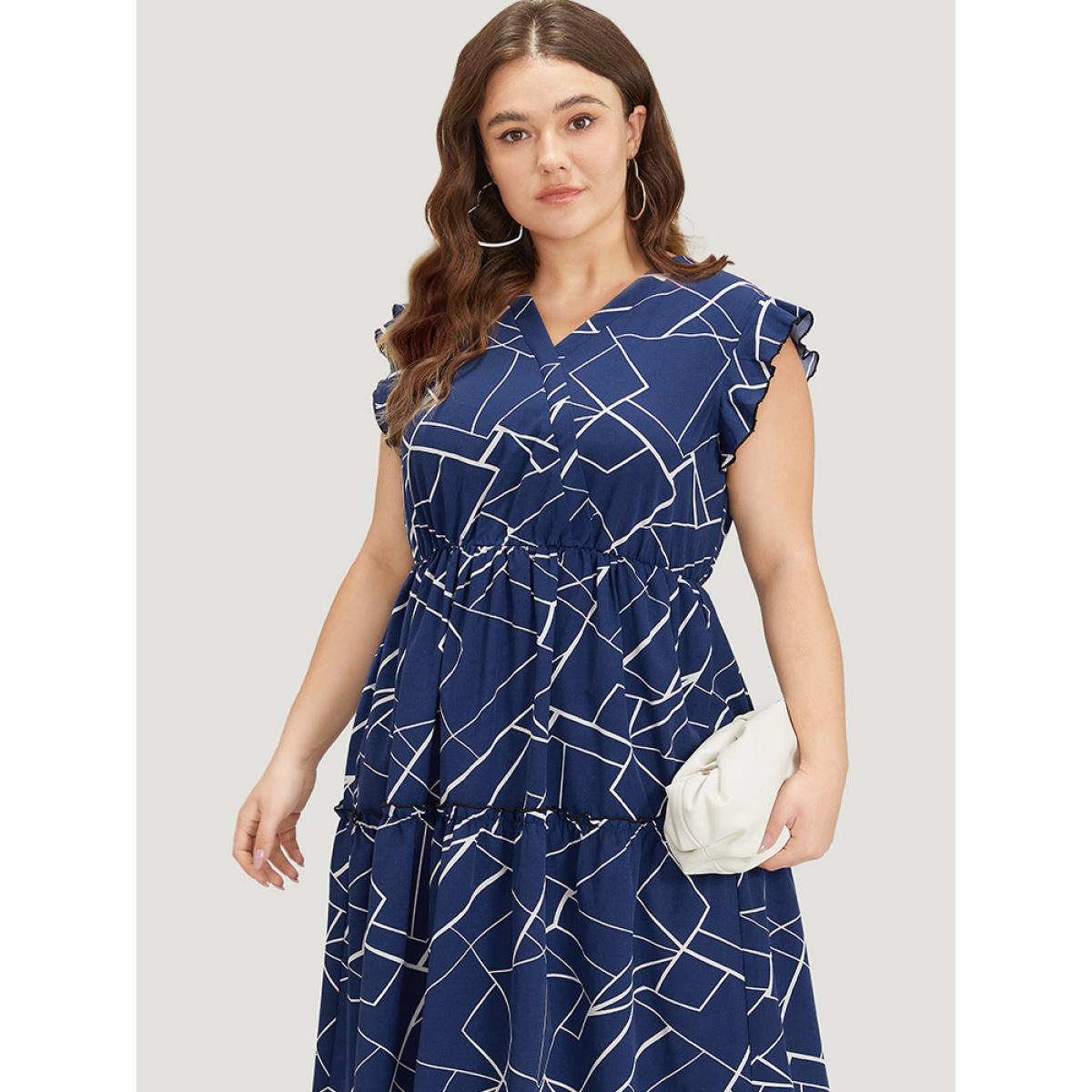 Plus Size Geometric Print Ruffle Cap Sleeve Wrap Layered Hem Dress Indigo Women Office Printed V-neck Cap Sleeve Curvy Long Dress BloomChic 30/6X Product Image