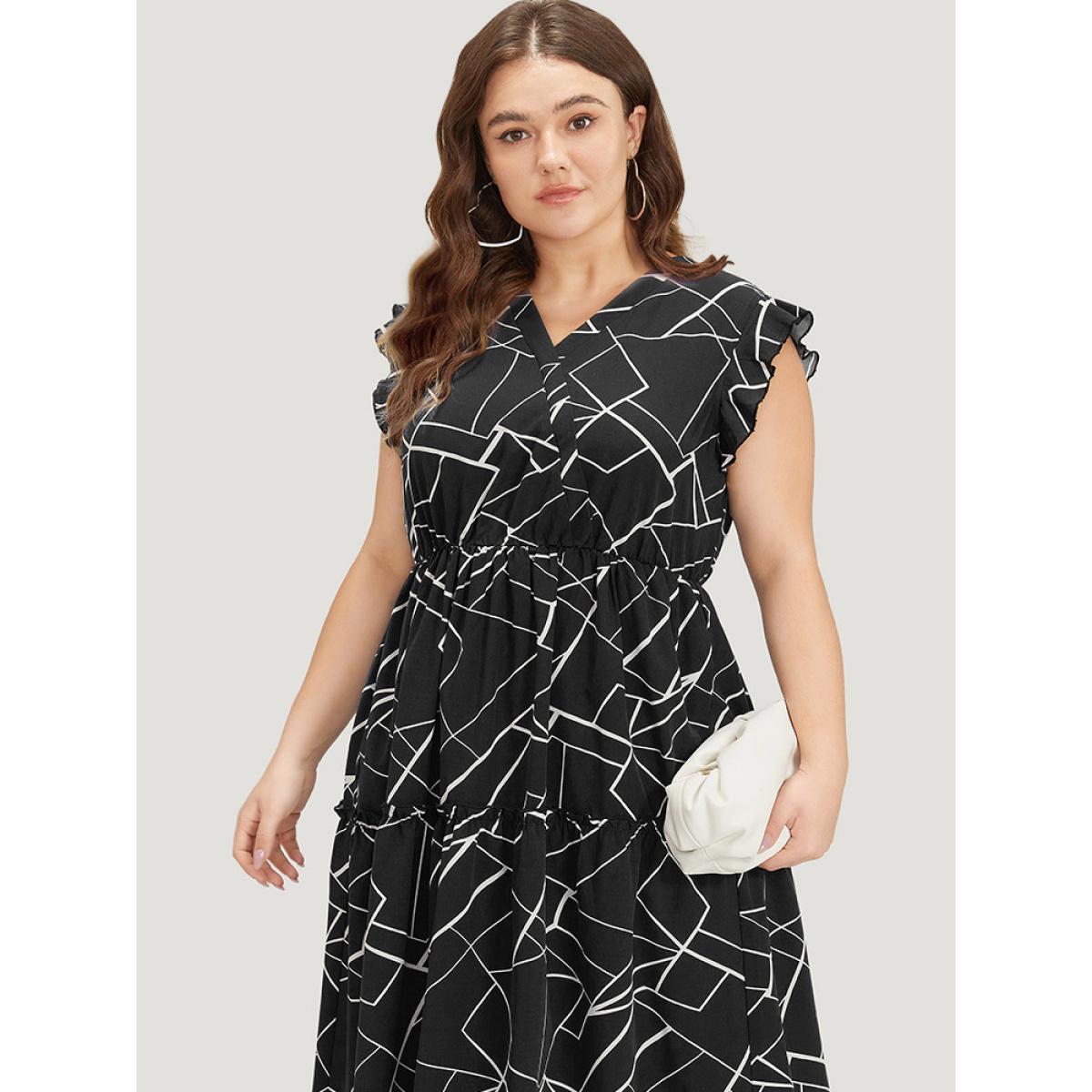 Plus Size Geometric Print Ruffle Cap Sleeve Wrap Layered Hem Dress Black Women Office Printed V-neck Cap Sleeve Curvy Long Dress BloomChic 12/L Product Image