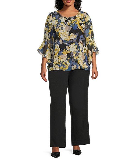 Kasper Plus Size Boat Neck Ruffle Sleeve Abstract Floral Printed Chiffon Blouse Product Image