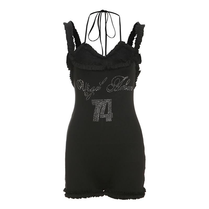 Spaghetti Strap V-Neck Rhinestone Ruffled-Trim Romper Product Image