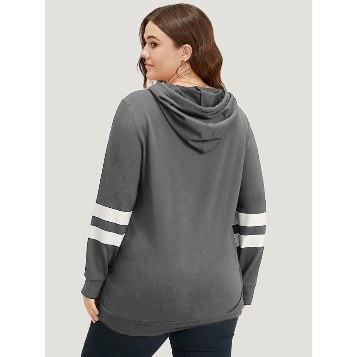 Plus Size Halloween Print Striped Patchwork Hooded Drawstring Sweatshirt Women Gray Casual Elastic cuffs Festival-Halloween Sweatshirts BloomChic 22-24/3X Product Image