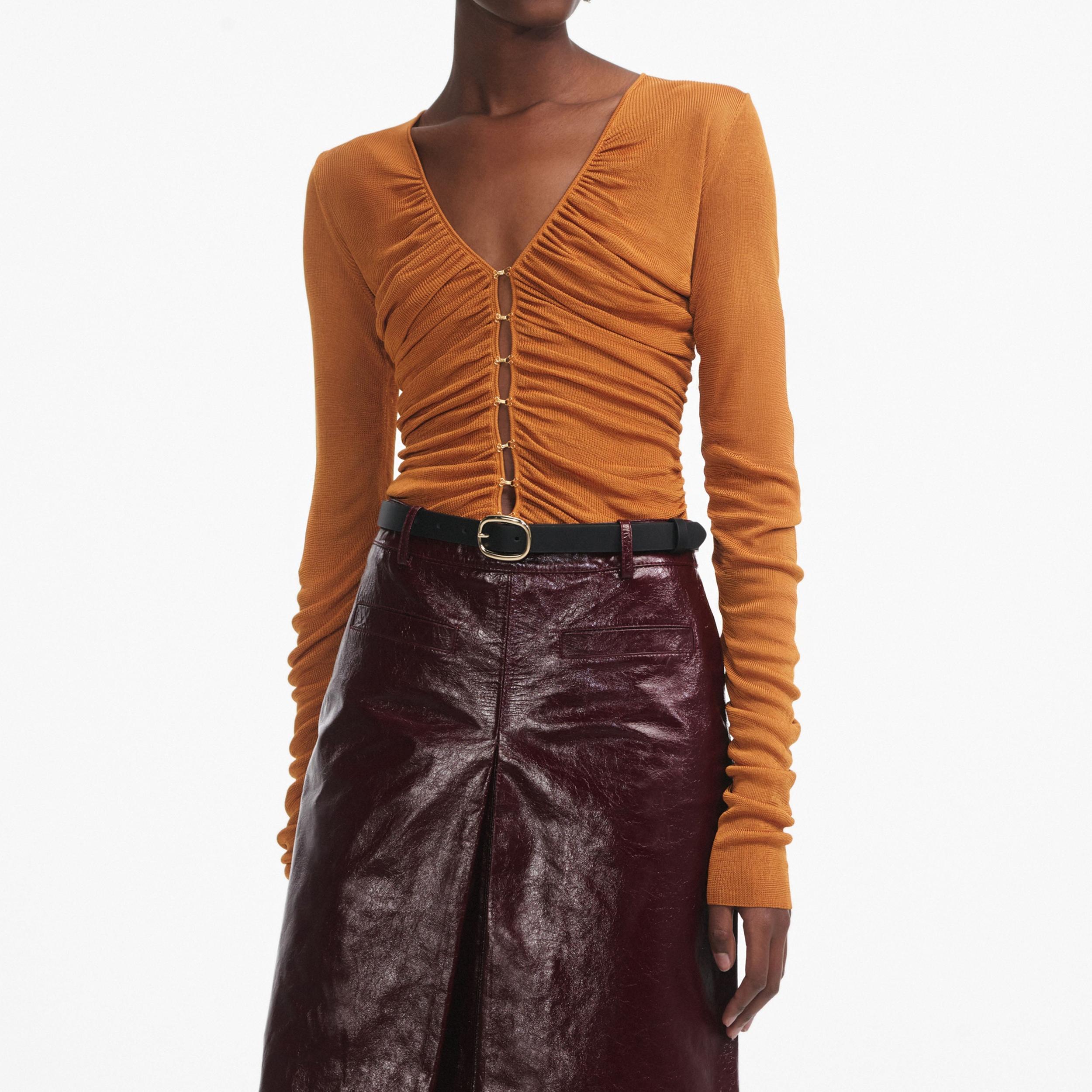 Burnt Orange V Neck Viscose Knit Top Product Image