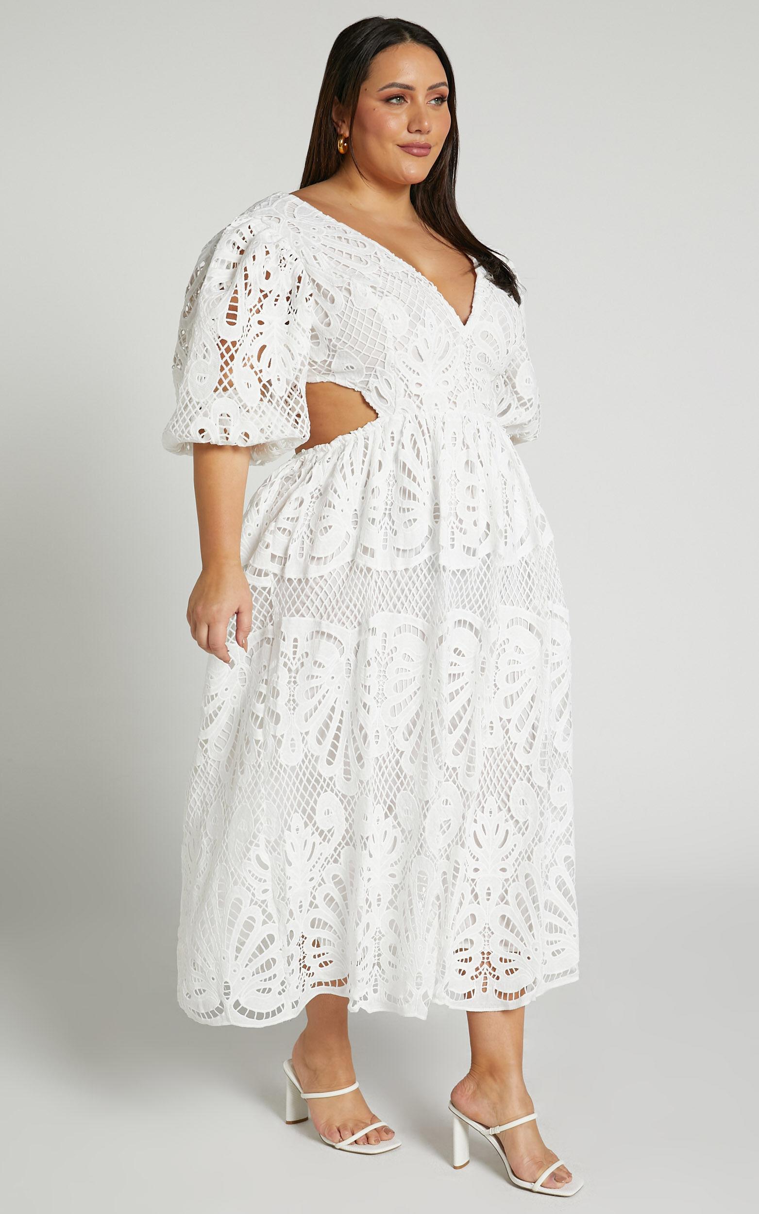 Anieshaya Midi Dress - V Neck Cut Out Lace Dress in White Product Image