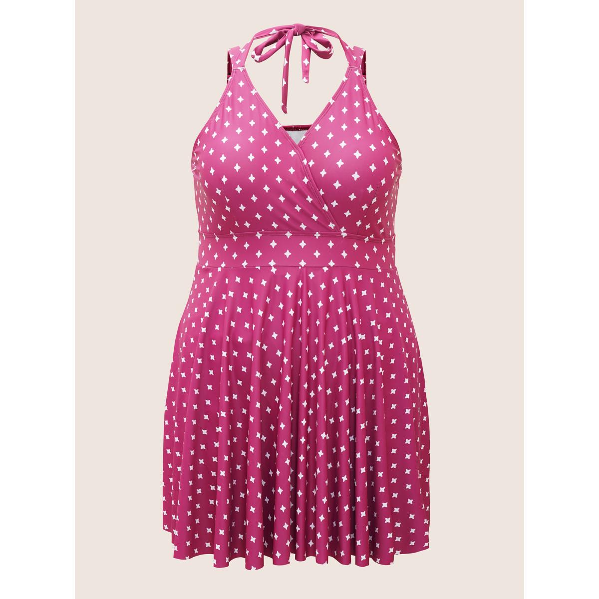 Plus Size Overlap Collar Geometric Tie Knot Swim Dress Women's Swimwear Deeppurplered Beach Bodycon Overlap Collar High stretch Curve Swim Dresses BloomChic 10/M Product Image