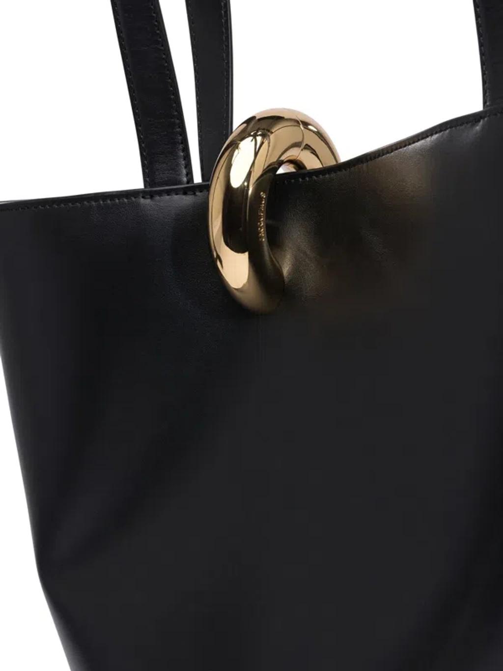 JACQUEMUS The Medium Bambola Asymmetric Leather Bucket Bag In Black 990 Product Image