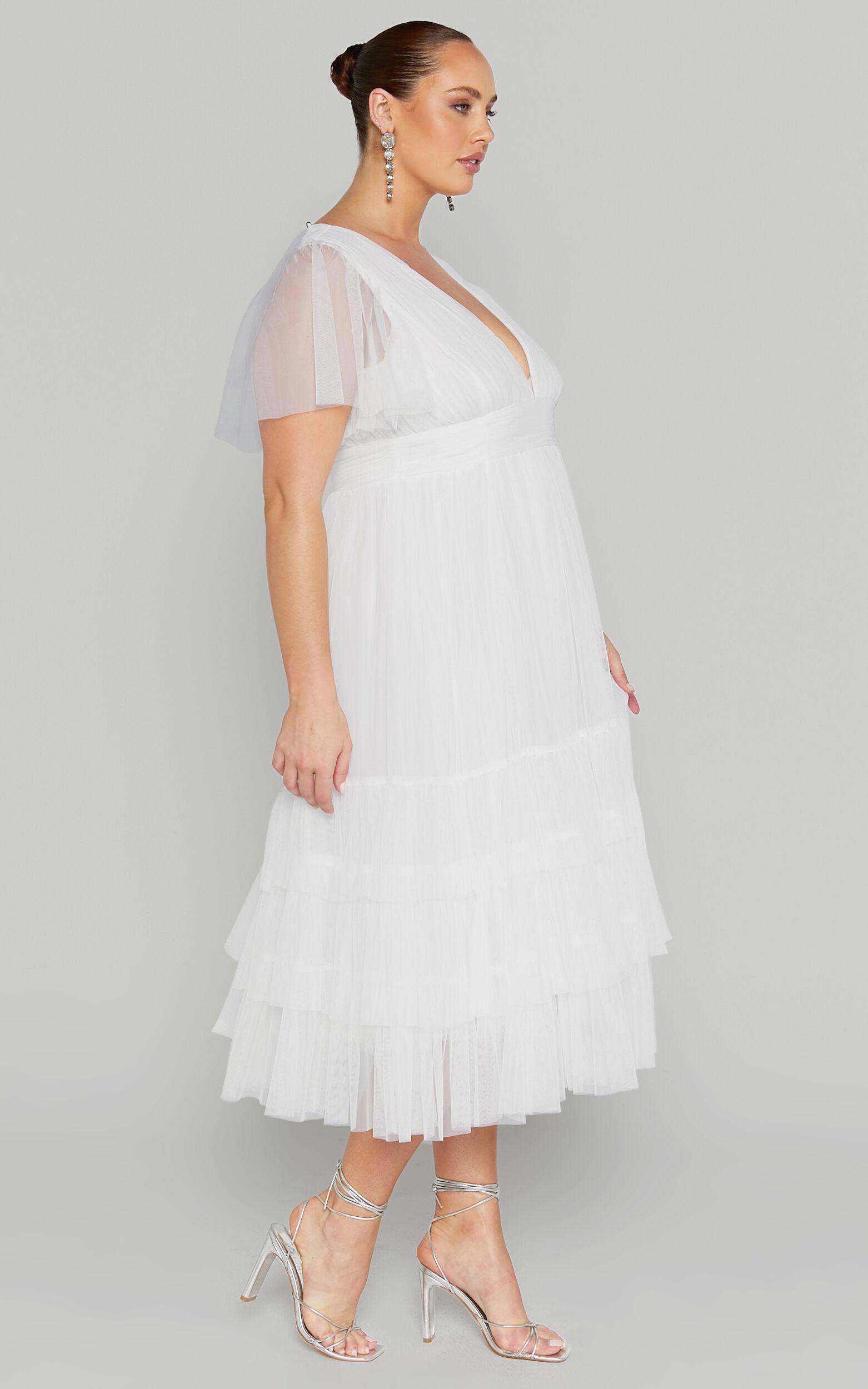 Jiraye Midi Dress - Flutter Sleeve Tuelle Plunge Dress in White Product Image
