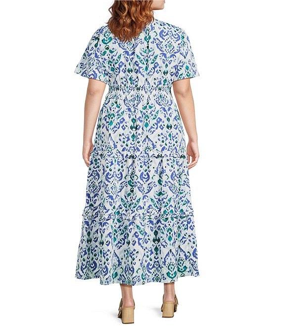 Calessa Plus Size Modern Ikat Print Split V-Neck Short Sleeve Tiered Maxi Dress Product Image